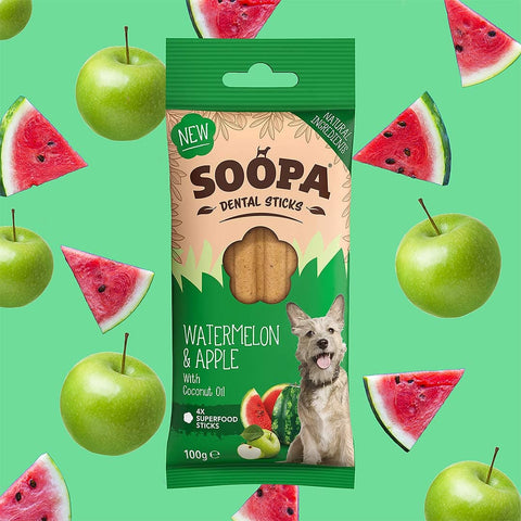 Soopa Dental Sticks Watermeloen & Appel – natuurlijke kauwsnack voor honden, graanvrije en hypoallergene gebitsverzorging
