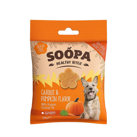 Soopa Healthy Bites Wortel & Pompoen – voorkant verpakking – natuurlijke, graanvrije en hypoallergene minibites, gezonde beloningssnoepjes voor honden