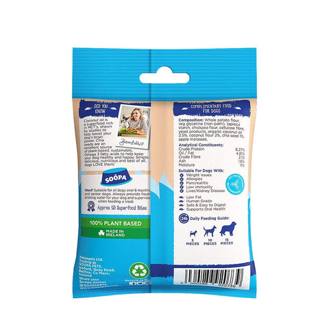 Soopa Healthy Bites Kokosnoot & Chiazaad – achterkant verpakking met ingrediënten en analyse – natuurlijke, graanvrije en hypoallergene minibites, gezonde beloningssnoepjes voor honden