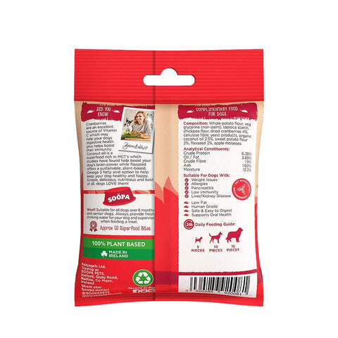 Soopa Healthy Bites Cranberry & Zoete Aardappel – achterkant verpakking met ingrediënten en analyse – natuurlijke, graanvrije en hypoallergene minibites, gezonde beloningssnoepjes voor honden