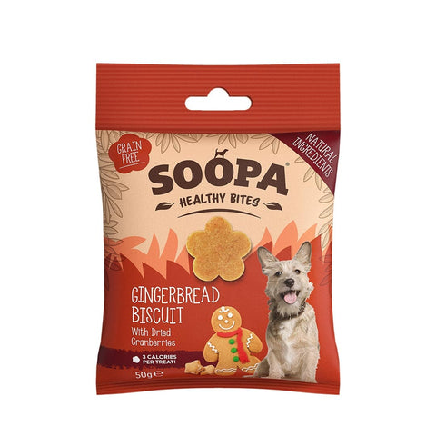 Soopa Healthy Bites – Gingerbread Biscuit Soopa Healthy Bites Gingerbread Biscuit – kersteditie – voorkant verpakking – natuurlijke, graanvrije en hypoallergene minibites, gezonde beloningssnoepjes voor honden