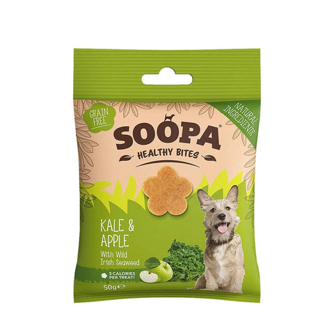 Soopa Healthy Bites Boerenkool & Appel – voorkant verpakking – natuurlijke, graanvrije en hypoallergene minibites, gezonde beloningssnoepjes voor honden
