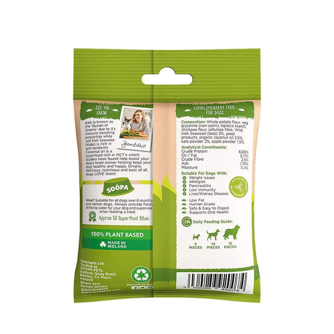 Soopa Healthy Bites Boerenkool & Appel – achterkant verpakking met ingrediënten en analyse – natuurlijke, graanvrije en hypoallergene minibites, gezonde beloningssnoepjes voor honden