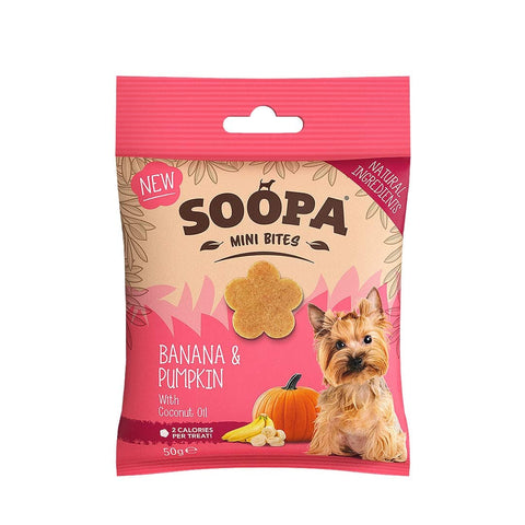 Soopa Healthy Mini Bites Banaan & Pompoen – voorkant verpakking – natuurlijke, graanvrije en hypoallergene minibites, gezonde beloningssnoepjes voor kleine honden