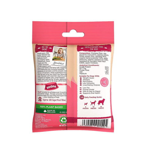 Soopa Healthy Mini Bites Banaan & Pompoen – achterkant verpakking met ingrediënten en analyse – natuurlijke, graanvrije en hypoallergene minibites, gezonde beloningssnoepjes voor kleine honden