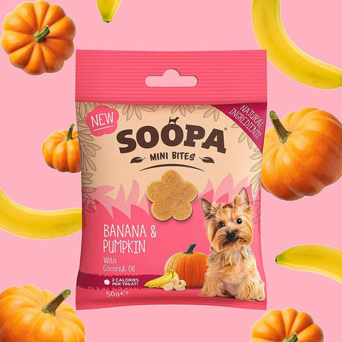 Soopa Healthy Mini Bites Banaan & Pompoen – natuurlijke, graanvrije en hypoallergene minibites, gezonde beloningssnoepjes voor kleine honden