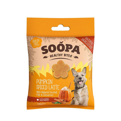 Soopa Healthy Bites Pumpkin Spiced Latte – herfsteditie – voorkant verpakking – natuurlijke, graanvrije en hypoallergene minibites, gezonde beloningssnoepjes voor honden