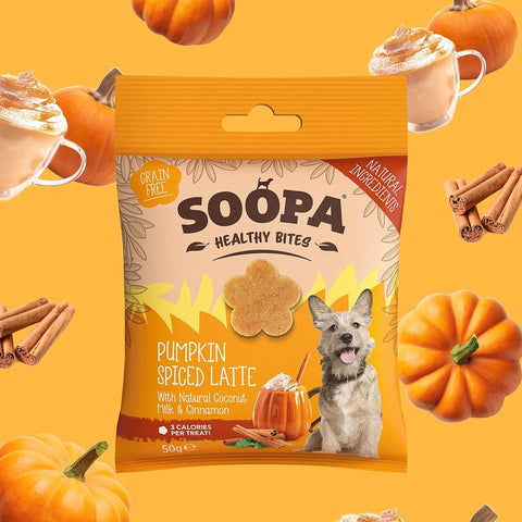 Soopa Healthy Bites Pumpkin Spiced Latte – herfsteditie – natuurlijke, graanvrije en hypoallergene minibites, gezonde beloningssnoepjes voor honden