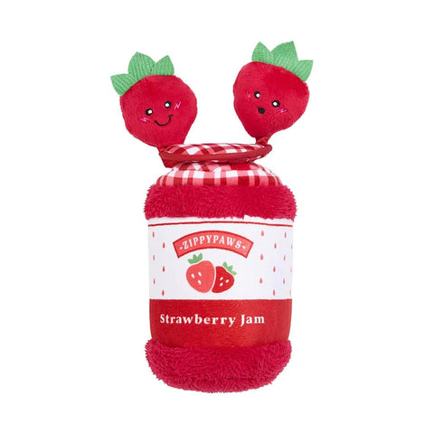 ZippyPaws Bungee Burrow – Strawberry Jam Jar ZippyPaws Bungee Burrow interactief hondenspeelgoed en intelligentiespel – aardbeienjam pot met elastisch bungeekoord & Strawberry Miniz knuffels met piepers