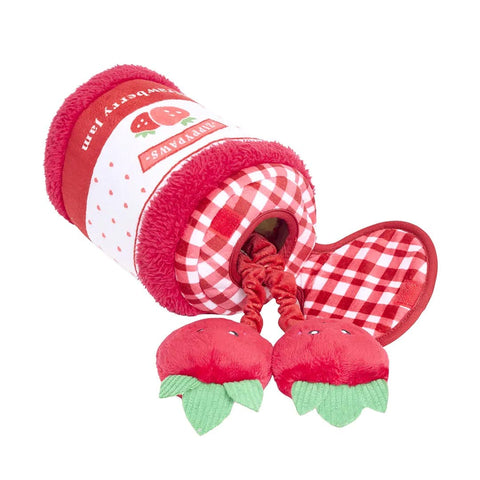 ZippyPaws Bungee Burrow – Strawberry Jam Jar ZippyPaws Bungee Burrow interactief hondenspeelgoed en intelligentiespel – aardbeienjam pot met elastisch bungeekoord & Strawberry Miniz knuffels met piepers