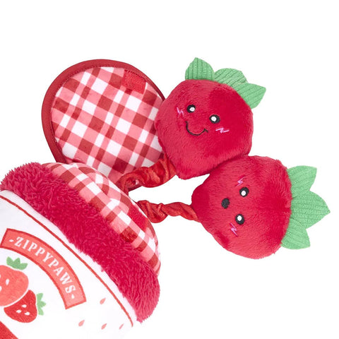 ZippyPaws Bungee Burrow – Strawberry Jam Jar ZippyPaws Bungee Burrow interactief hondenspeelgoed en intelligentiespel – aardbeienjam pot met elastisch bungeekoord & Strawberry Miniz knuffels met piepers
