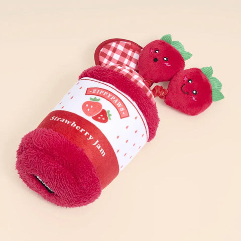 ZippyPaws Bungee Burrow – Strawberry Jam Jar ZippyPaws Bungee Burrow interactief hondenspeelgoed en intelligentiespel – aardbeienjam pot met elastisch bungeekoord & Strawberry Miniz knuffels met piepers