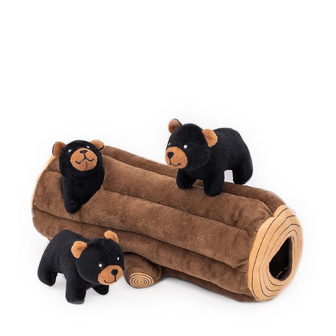 ZippyPaws Zippy Burrow Black Bear Log – interactief snuffel- en verstopspeelgoed voor honden, pluche boomstam met drie piepende zwarte beren