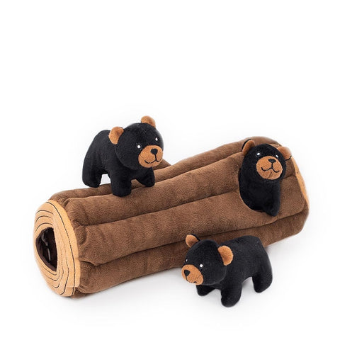 ZippyPaws Zippy Burrow Black Bear Log – interactief snuffel- en verstopspeelgoed voor honden, pluche boomstam met drie piepende zwarte beren