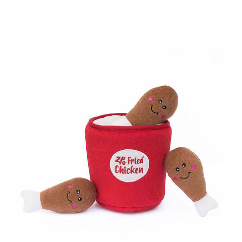 ZippyPaws Zippy Burrow Bucket of Chicken – interactief snuffel- en verstopspeelgoed voor honden, pluche kippenemmer met drie losse, piepende kippenboutjes