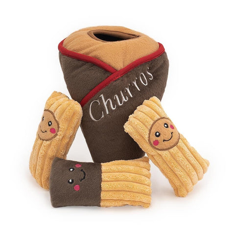 ZippyPaws Zippy Burrow Churro Cone – interactief snuffel- en verstopspeelgoed voor honden, pluche puntzak met drie zachte, piepende churro’s