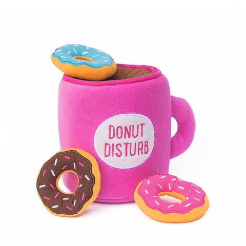 ZippyPaws Zippy Burrow Coffee and Donutz – interactief snuffel- en verstopspeelgoed voor honden, pluche koffiemok met drie losse, piepende donuts in roze, blauw en bruin