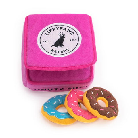 ZippyPaws Zippy Burrow – Donutz Box – interactief snuffel- en verstopspeelgoed voor honden, pluche roze donutdoos met drie piepende Donutz-Miniz in blauw, roze en bruin met glazuur en sprinkles