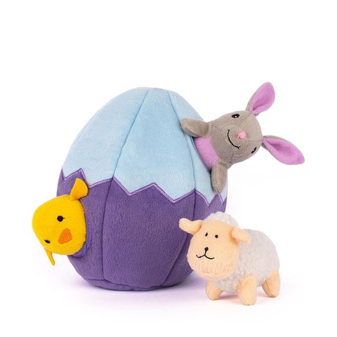 ZippyPaws Easter Burrow – Egg and Friends – interactief snuffel- en paas-verstopspeelgoed voor honden, pluche paasei met drie piepende paasvriendjes (kuikentje, konijntje, lammetje)