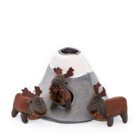 ZippyPaws Zippy Burrow Elk Mountain – interactief snuffel- en verstopspeelgoed voor honden, pluche besneeuwde berg met drie losse, piepende bruine elanden