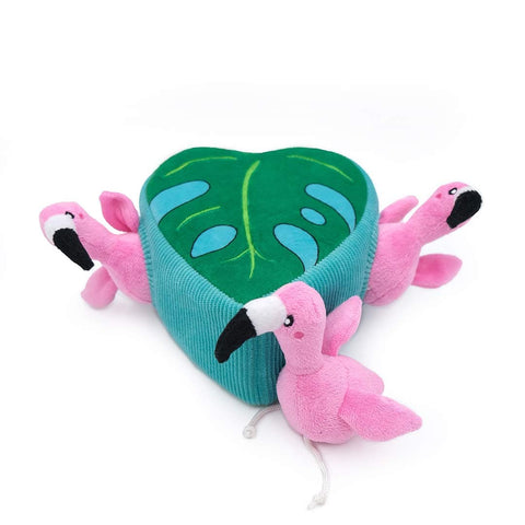 ZippyPaws Zippy Burrow Flamingos in Monstera – interactief snuffel- en verstopspeelgoed voor honden, pluche Monstera-blad met drie piepende roze flamingo’s