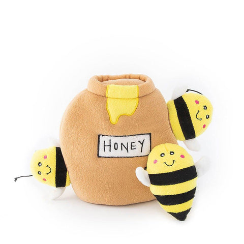 ZippyPaws Zippy Burrow Honey Pot – interactief snuffel- en verstopspeelgoed voor honden, pluche honingpot met drie losse, piepende honingbijtjes