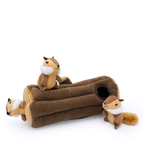 ZippyPaws Zippy Burrow Log with Chipmunks – interactief snuffel- en verstopspeelgoed voor honden, pluche boomstam met drie losse, piepende eekhoorntjes