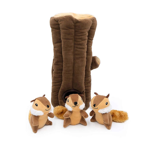 ZippyPaws Zippy Burrow Log with Chipmunks – interactief snuffel- en verstopspeelgoed voor honden, pluche boomstam met drie losse, piepende eekhoorntjes