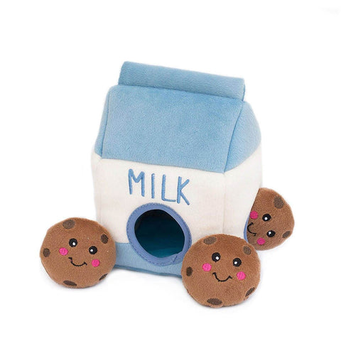 ZippyPaws Zippy Burrow Milk & Cookies – interactief snuffel- en verstopspeelgoed voor honden, pluche blauw-wit melkpak met drie losse, piepende bruine koekjes met chocoladestukjes