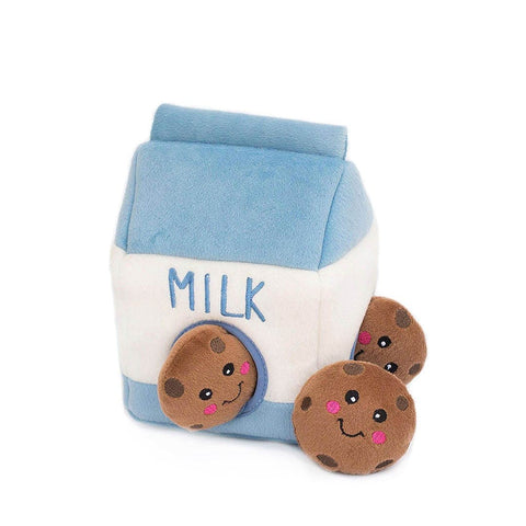 ZippyPaws Zippy Burrow Milk & Cookies – interactief snuffel- en verstopspeelgoed voor honden, pluche blauw-wit melkpak met drie losse, piepende bruine koekjes met chocoladestukjes