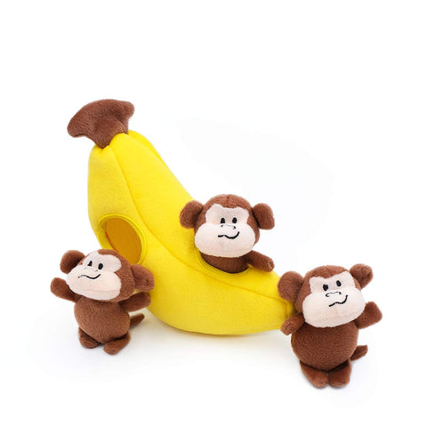 ZippyPaws Zippy Burrow Monkey ’n Banana – interactief snuffel- en verstopspeelgoed voor honden, pluche banaan met drie losse, piepende aapjes