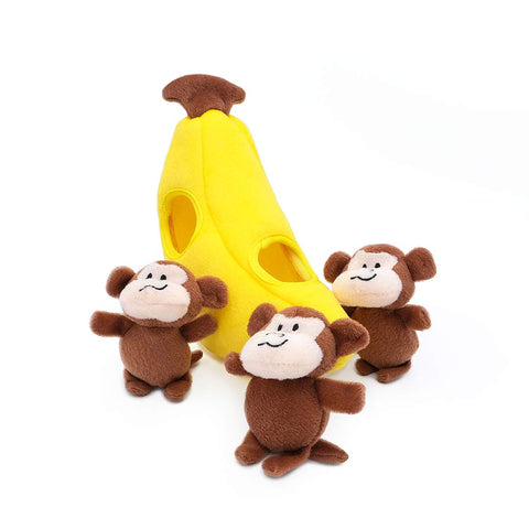 ZippyPaws Zippy Burrow Monkey ’n Banana – interactief snuffel- en verstopspeelgoed voor honden, pluche banaan met drie losse, piepende aapjes