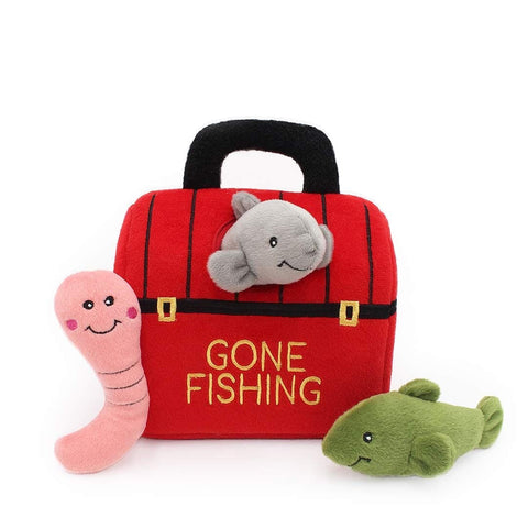 ZippyPaws Zippy Burrow Tackle Box – interactief snuffel- en verstopspeelgoed voor honden, pluche viskoffer met roze worm, grijze vis en groene vis