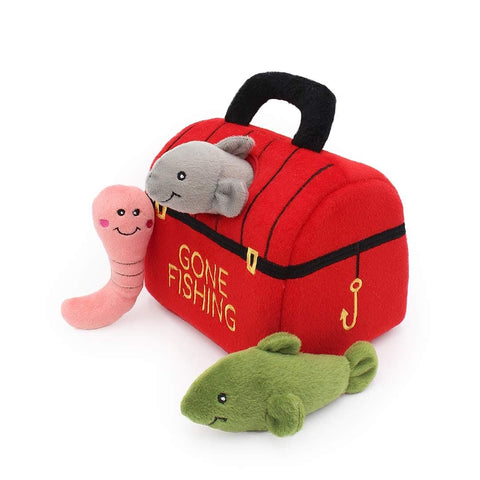 ZippyPaws Zippy Burrow Tackle Box – interactief snuffel- en verstopspeelgoed voor honden, pluche viskoffer met roze worm, grijze vis en groene vis