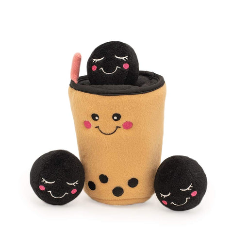 ZippyPaws Zippy Burrow Boba Milk Tea – interactief snuffel- en verstopspeelgoed voor honden, pluche bubble tea beker met drie zachte, piepende tapioca-balletjes
