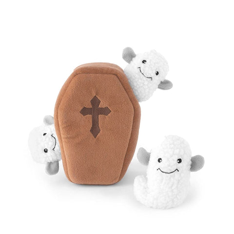 ZippyPaws Halloween Burrow Coffin with Ghosts – interactief Halloween verstopspeelgoed voor honden, pluche bruine doodskist met geborduurd kruis en drie piepende witte spookjes