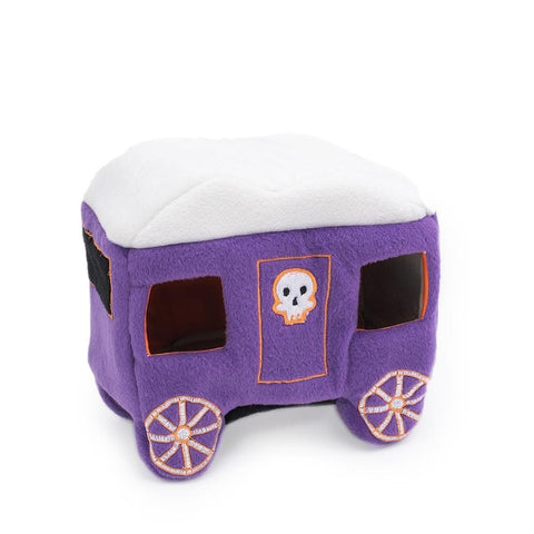 Pluche vervloekte spookkoets van ZippyPaws Halloween Burrow Haunted Carriage – interactief halloween hondenspeelgoed met openingen om de drie miniz in te verstoppen