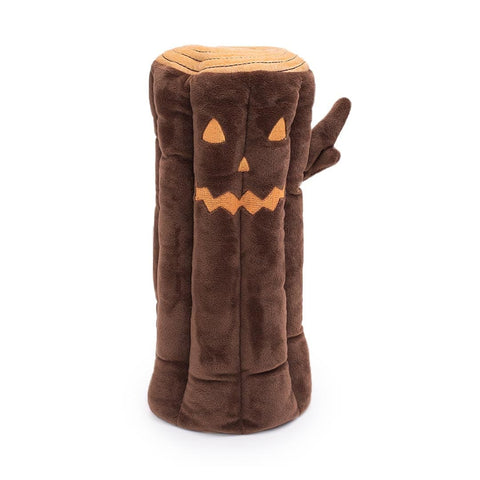 Pluche donkerbruine boomstam van ZippyPaws Halloween Burrow Haunted Log – interactief halloween hondenspeelgoed met openingen om de drie miniz in te verstoppen