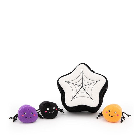 ZippyPaws Halloween Burrow Spider Web – interactief Halloween verstopspeelgoed voor honden, pluche zwart-wit spinnenweb met geborduurd web en drie piepende spinnen in zwart, oranje en paars