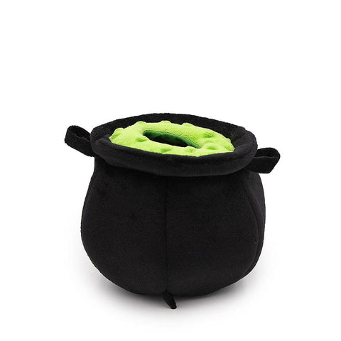 Pluche zwarte heksenketel van ZippyPaws Halloween Burrow – Witch's Brew – interactief Halloween-hondenspeelgoed met openingen om de drie toverdrankflesjes in te verstoppen