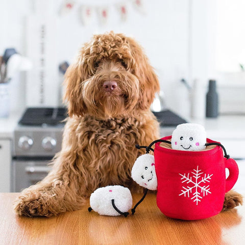 Hond samen met de ZippyPaws Holiday Burrow Hot Cocoa – interactief verstop- en snuffelspeelgoed voor honden, pluche mok met warme chocolademelk en drie piepende marshmallows