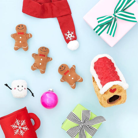 ZippyPaws Holiday Burrow Gingerbread House – interactief verstop- en snuffelspeelgoed voor honden, pluche peperkoekhuisje met drie piepende peperkoekmannetjes