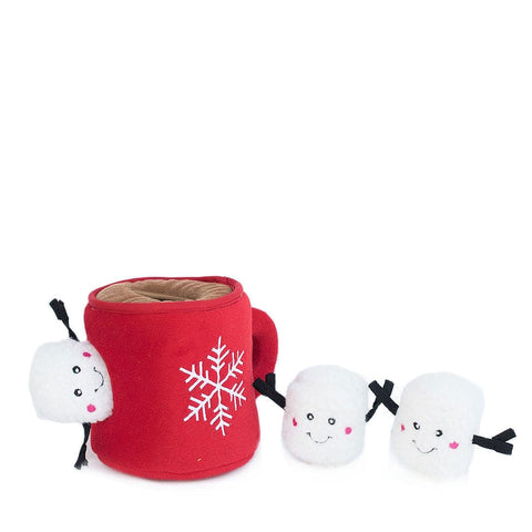 ZippyPaws Holiday Burrow Hot Cocoa – interactief verstop- en snuffelspeelgoed voor honden, pluche mok met warme chocolademelk en drie piepende marshmallows