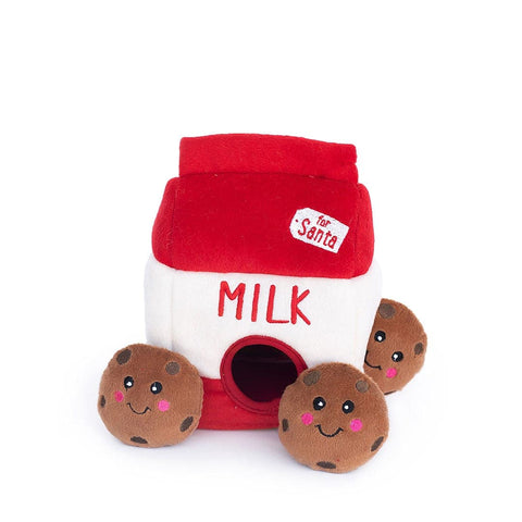 ZippyPaws Holiday Burrow Santa's Milk and Cookies – interactief verstop- en snuffelspeelgoed voor honden, pluche melkpak met drie piepende chocolate chip koekjes