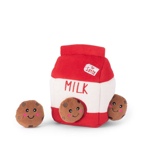 ZippyPaws Holiday Burrow Santa's Milk and Cookies – interactief verstop- en snuffelspeelgoed voor honden, pluche melkpak met drie piepende chocolate chip koekjes
