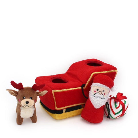 ZippyPaws Holiday Burrow Santa’s Sleigh – interactief kerst-verstopspeelgoed voor honden, pluche arrenslee met piepende kerstman, rendier en cadeautje