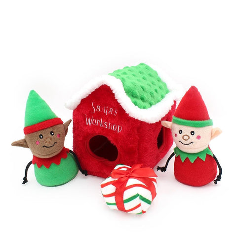 ZippyPaws Holiday Burrow Santa’s Workshop – interactief kerst-verstopspeelgoed voor honden, pluche werkplaats met twee kerstelfjes en een kerstcadeautje