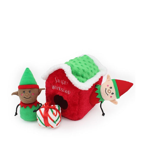 ZippyPaws Holiday Burrow Santa’s Workshop – interactief kerst-verstopspeelgoed voor honden, pluche werkplaats met twee kerstelfjes en een kerstcadeautje