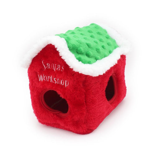 Pluche werkplaats van ZippyPaws Holiday Burrow Santa’s Workshop – interactief hondenspeelgoed met openingen om de kerstelfjes en het kerstcadeautje in te verstoppen