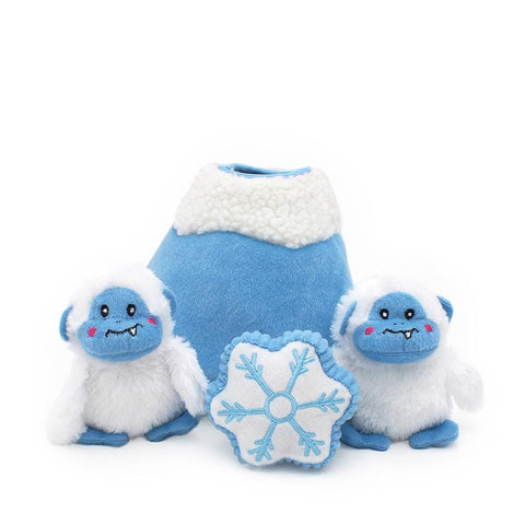 ZippyPaws Holiday Burrow Yeti Mountain – interactief kerst-verstopspeelgoed voor honden, pluche besneeuwde berg met twee piepende yeti’s en een sneeuwvlokje